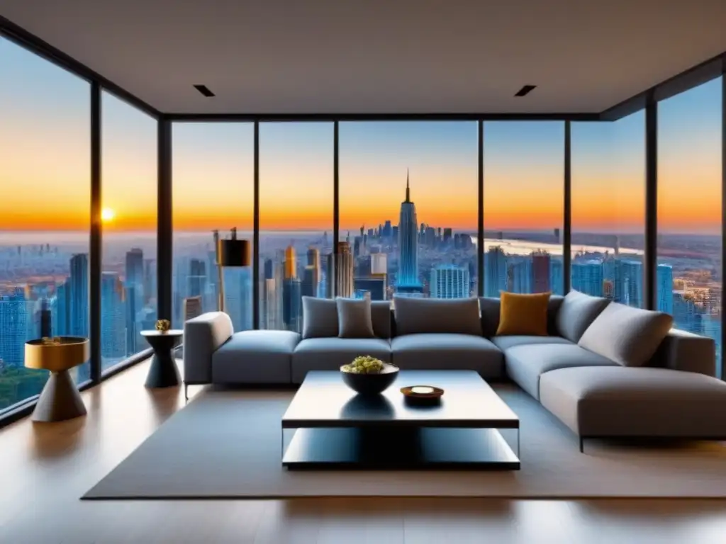 Sala de estar de lujo con ventana panorámica al atardecer en la ciudad Espectacular sala de estar moderna con ventana panorámica mostrando la ciudad al atardecer