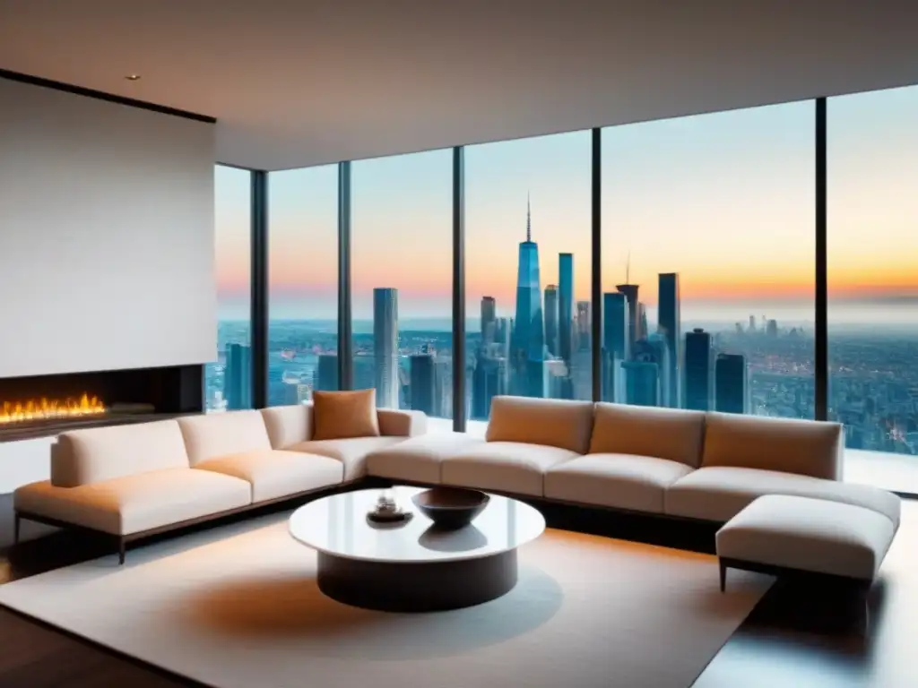 Salón moderno de lujo con vista a la ciudad Espectacular sala de estar moderna con vista a la ciudad, muebles elegantes y chimenea de mármol
