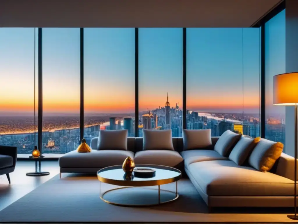 Salón de lujo con vista panorámica al atardecer en la ciudad Espectacular sala de estar moderna con vista panorámica de la ciudad al atardecer