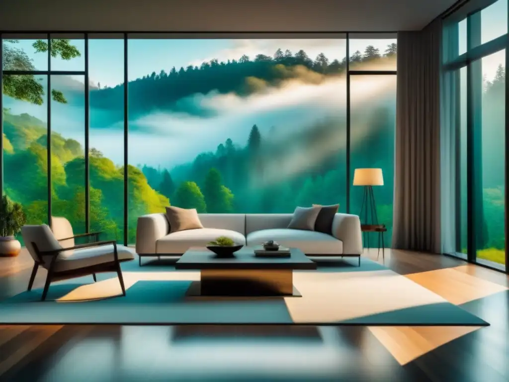 Salón moderno con vista a bosque: arte y naturaleza en armonía Espectacular sala moderna con vista a bosque, diseño inmobiliario arte emocional