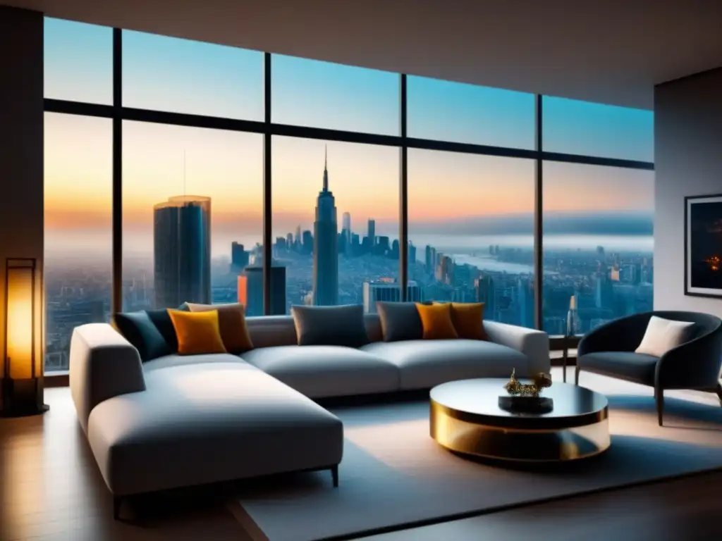 Salón moderno de lujo con vistas a la ciudad y decoración elegante Espectacular sala de estar moderna con vistas a la ciudad, arte abstracto y elegantes lámparas