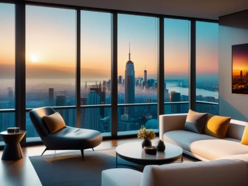 Sofisticada sala de estar con vista a la ciudad al atardecer Espectacular sala de estar moderna con vistas a la ciudad al atardecer