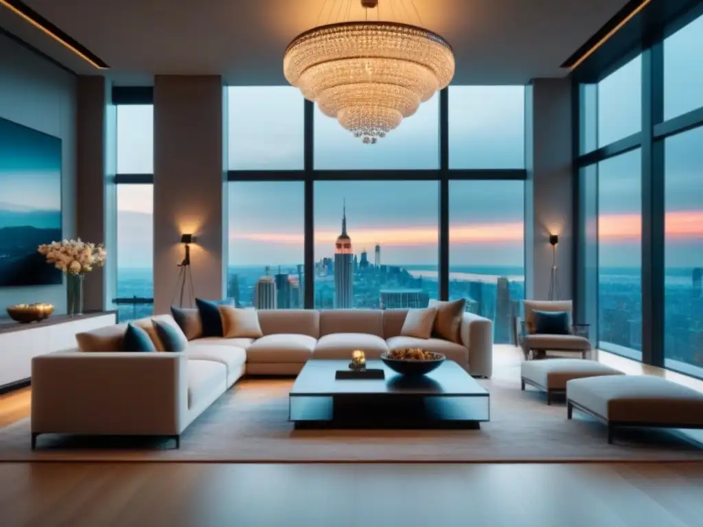 Salón de lujo en propiedad exclusiva con vista urbana Espectacular sala de estar en propiedad de lujo, con mobiliario elegante y vistas a la ciudad