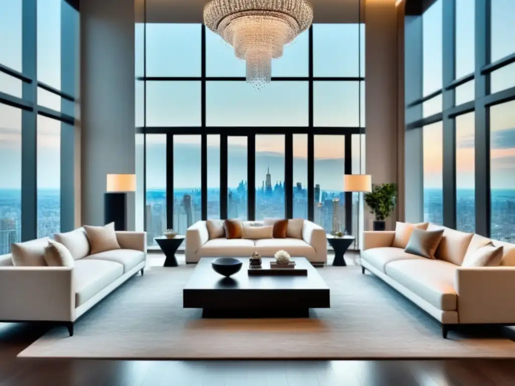 Salón de lujo con vista panorámica en propiedad exclusiva Espectacular sala de estar en propiedad de lujo con vista panorámica de la ciudad, decoración elegante y consejos visitas propiedades lujo