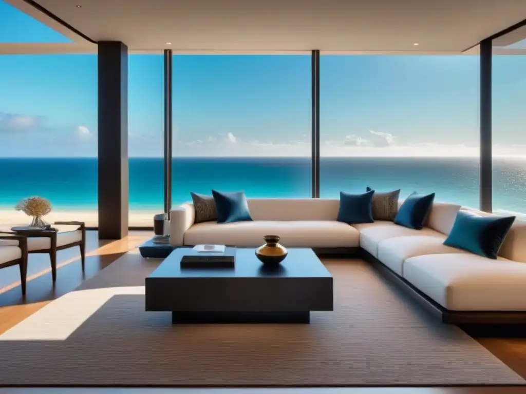 Salón de lujo frente al mar: diseño moderno y relajante Espectacular sala de estar en segunda vivienda con muebles lujosos y vista a la playa