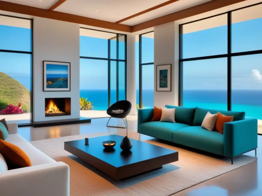 Sala de estar de lujo en villa mexicana con arte local y vista al mar Espectacular sala de estar en villa mexicana con arte local vibrante y vista al mar