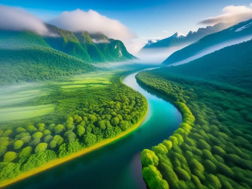 Paraíso natural: Río cristalino en bosque verde y montañas nevadas Espectacular vista aérea de un bosque verde exuberante con un río cristalino serpenteando, rodeado de montañas nevadas