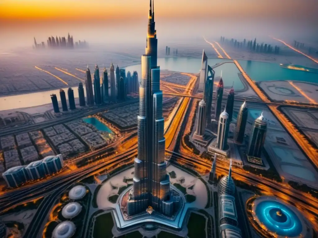 Espléndido atardecer en el Burj Khalifa: fusión de tradición e innovación Espectacular vista aérea del Burj Khalifa y modernos rascacielos en Dubai, reflejando los tonos dorados del atardecer