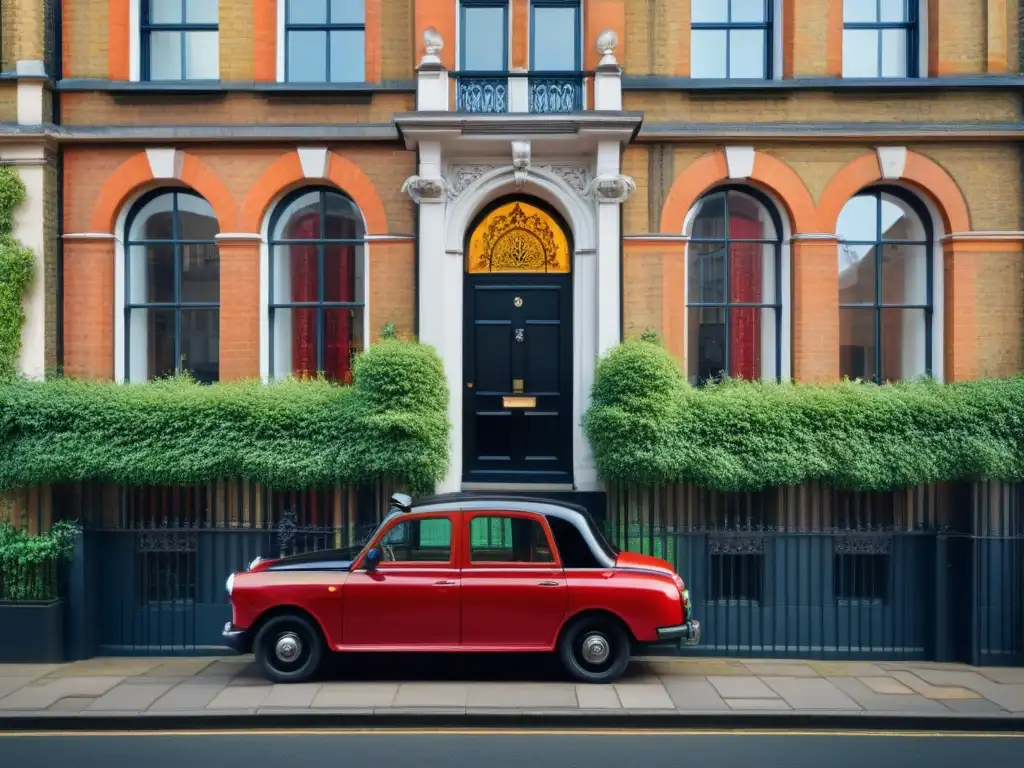 Exquisita fachada victoriana restaurada en Londres Espléndida fachada de casa victoriana en Londres, con detalles arquitectónicos y taxi negro