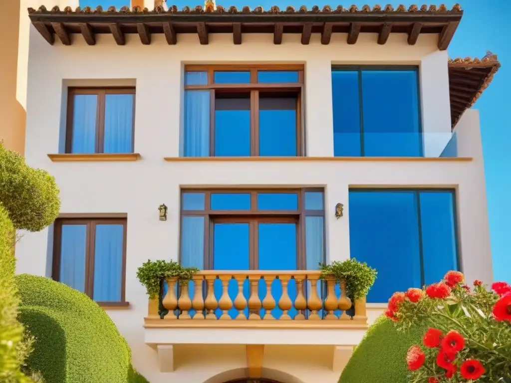 Fachada moderna en España: lujo y elegancia Espléndida fachada de casa moderna en España con detalles arquitectónicos, rodeada de vegetación exuberante y cielo azul