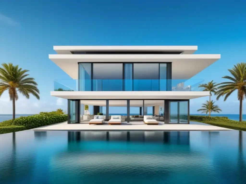 Residencia de lujo frente al mar: opulencia y sofisticación Espléndida mansión frente al mar con piscina infinita, palmeras y arquitectura moderna