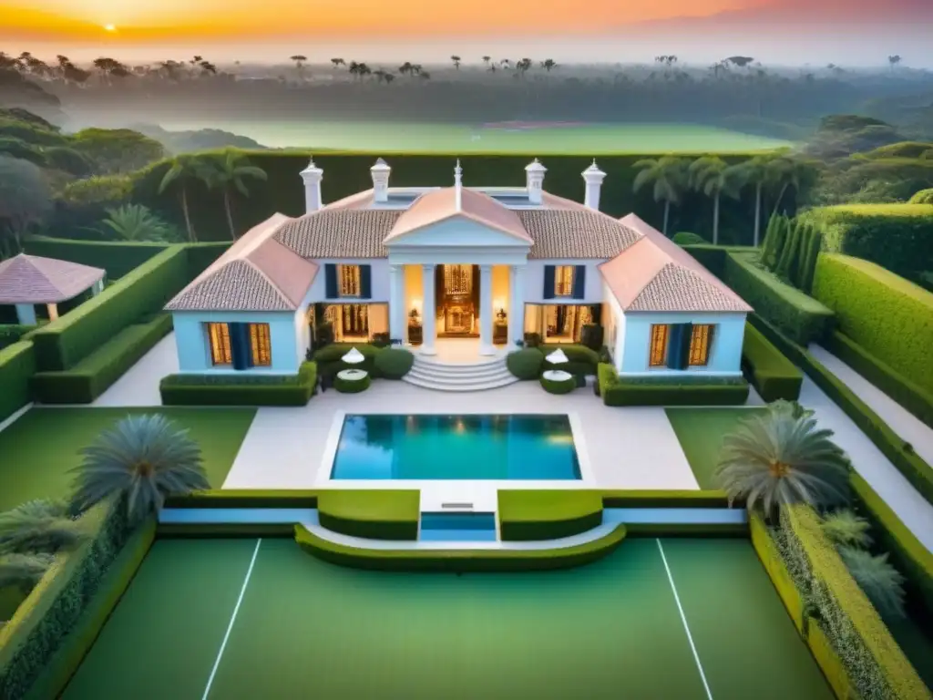 Espléndida mansión de lujo con jardines, piscina y cancha de tenis al atardecer