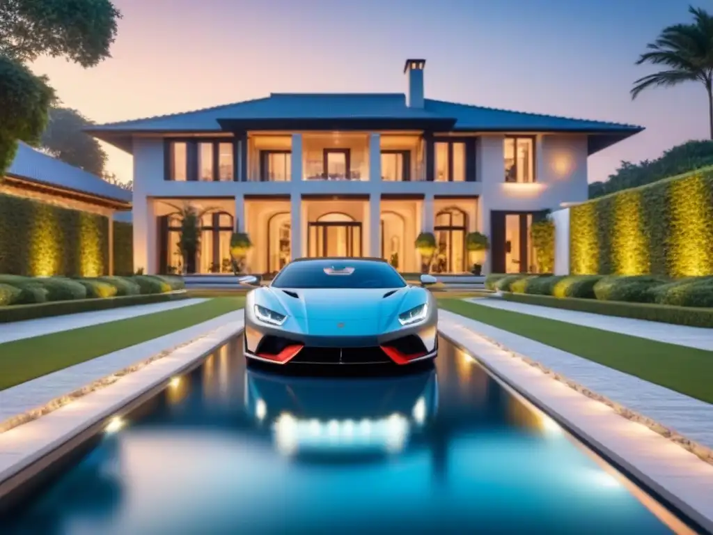 Mansión de lujo: arquitectura moderna, piscina y coche de lujo Espléndida mansión moderna de lujo con piscina, jardines exuberantes y auto deportivo, ideal para Seguros inmobiliarios de lujo