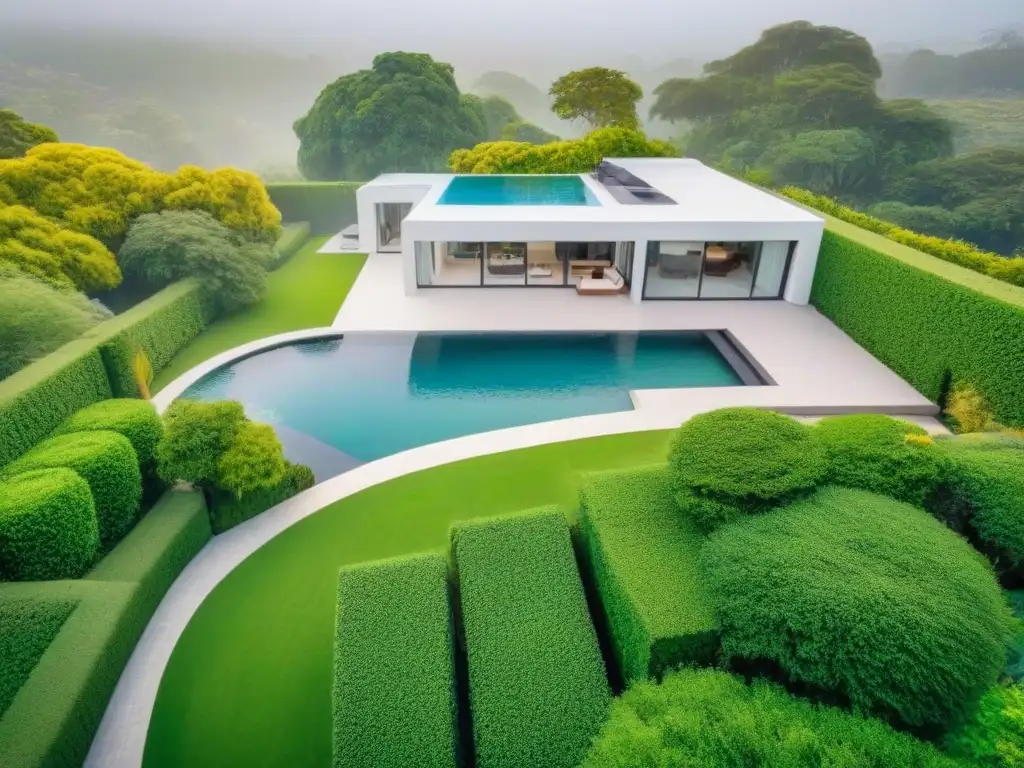 Espléndida mansión moderna rodeada de vegetación vista desde un dron de alta calidad