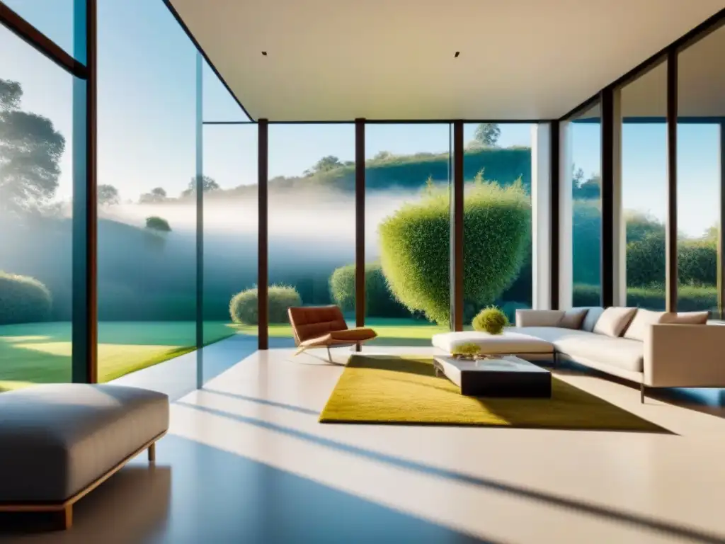Diseño minimalista de casa moderna en 8K: lujo y serenidad Espléndida residencia moderna bañada por la luz dorada del sol, rodeada de exuberante naturaleza