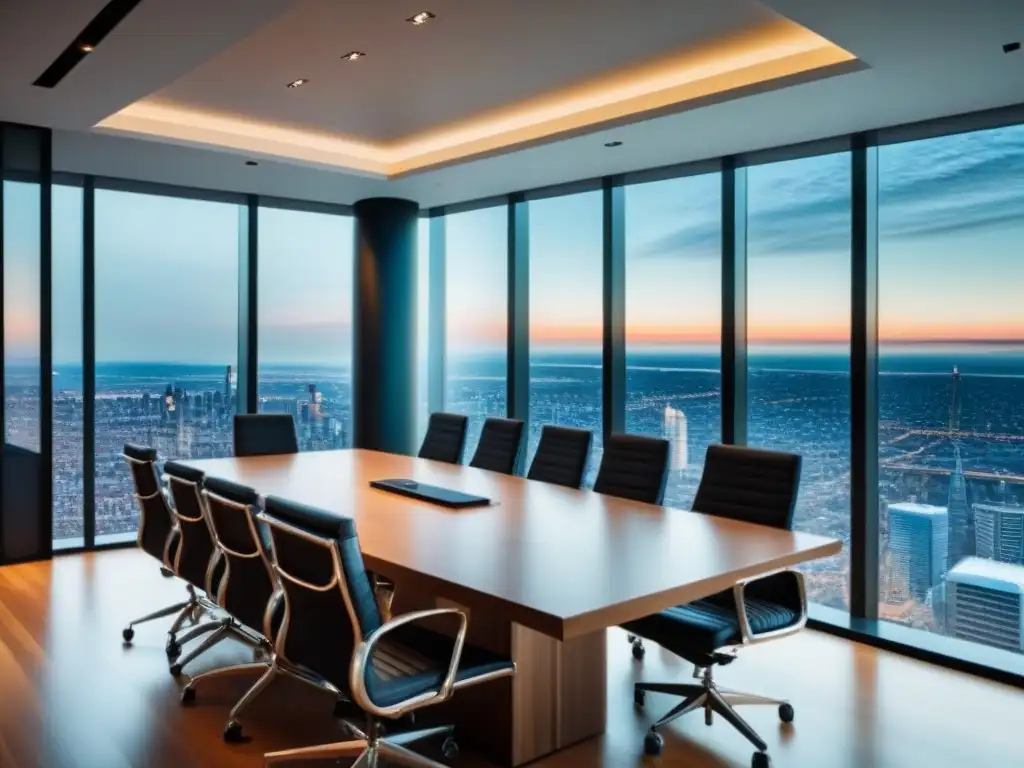 Sala de conferencias de lujo con vista panorámica a la ciudad Espléndida sala de conferencias con vista urbana, ideal para Guía arbitraje mediación conflictos inmobiliarios