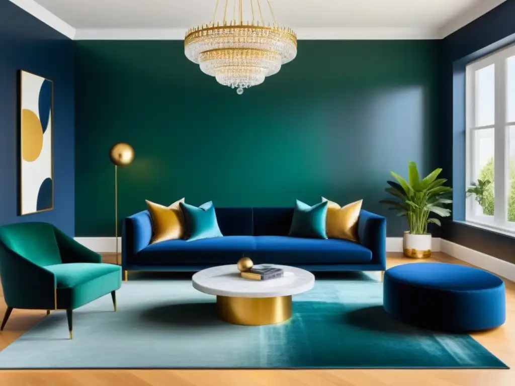 Sala de estar de lujo: sofisticación en azul y verde con toques dorados Espléndida sala de estar en propiedad inmobiliaria moderna, con paleta de colores sofisticada y elegante
