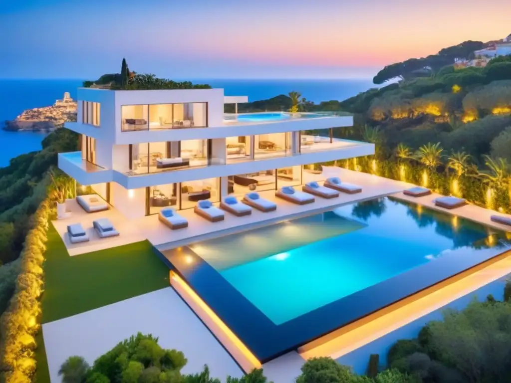 Villa de lujo en España: diseño moderno con vistas al mar Espléndida villa de diseño y arquitectura en mercado de lujo, con piscina infinita y vistas al mar Mediterráneo al atardecer