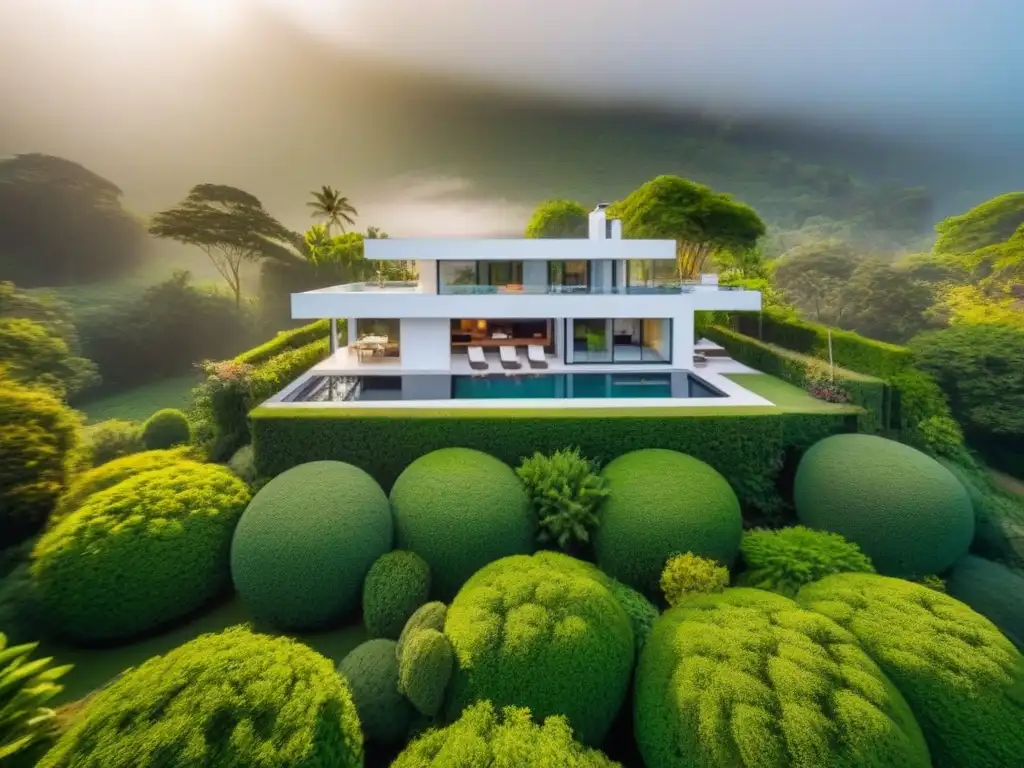 Espectacular casa moderna entre naturaleza: luz y sombra Espléndida vista aérea de casa moderna rodeada de vegetación, con juego de luces y sombras