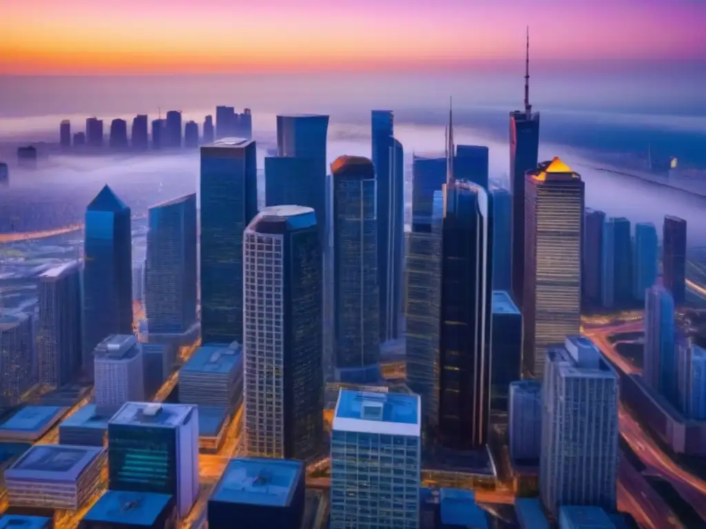 Cityscape moderno al atardecer: Oportunidades hipotecarias para freelancers Espléndida vista aérea de una ciudad moderna al atardecer, con tonos naranjas y rosas