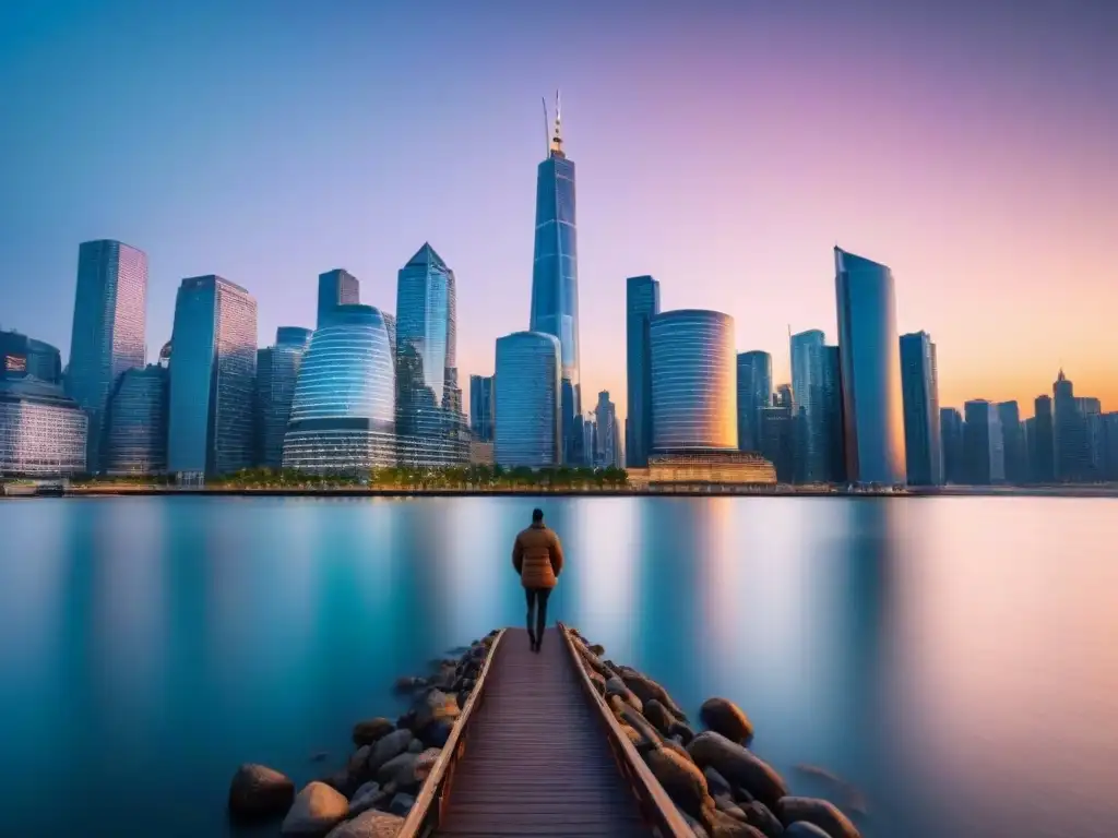 Horizonte financiero moderno en 8k: luces vibrantes al atardecer Espléndida vista de un distrito financiero moderno al anochecer, reflejado en el río