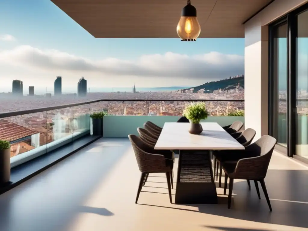 Penthouse de lujo en Barcelona con terraza y vistas panorámicas Espléndido ático moderno en Barcelona, con terraza, ventanales, decoración contemporánea y cocina elegante