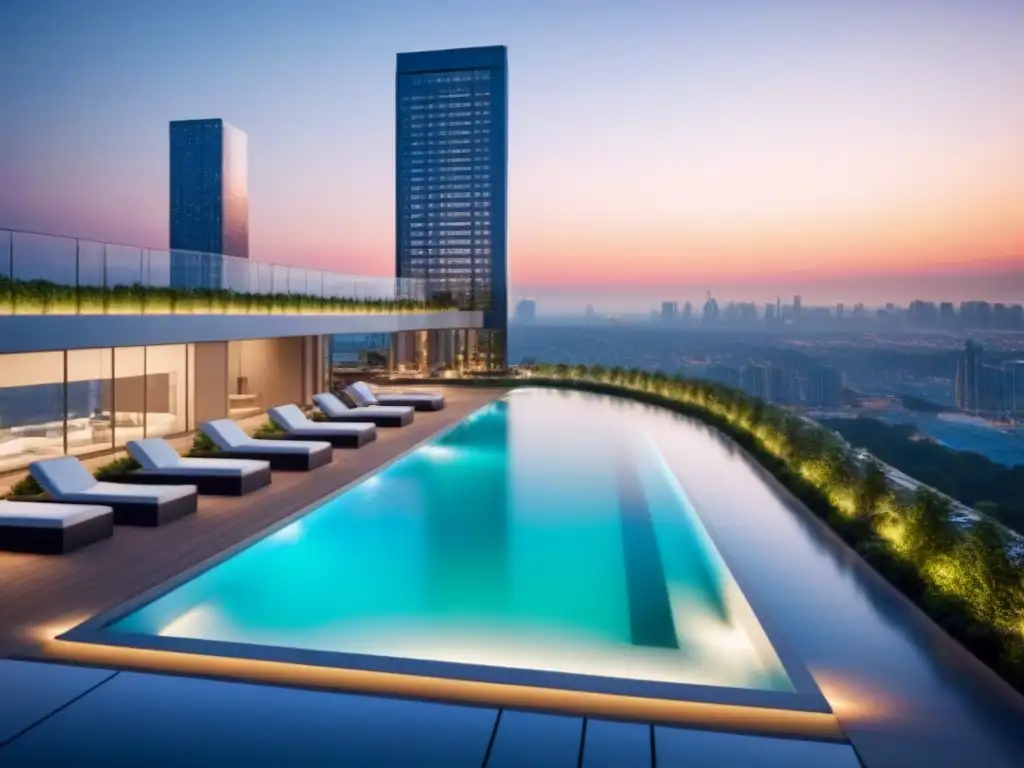 Condominio de lujo con vistas panorámicas al atardecer en la ciudad Espléndido complejo de condominios de lujo con vistas panorámicas a la ciudad al atardecer