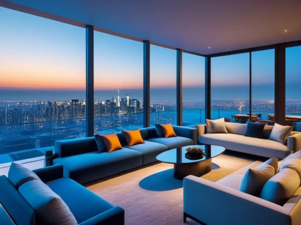 Penthouse de lujo con vista a la ciudad al atardecer Espléndido penthouse sobre la ciudad al atardecer, con diseño de lujo y terraza chic