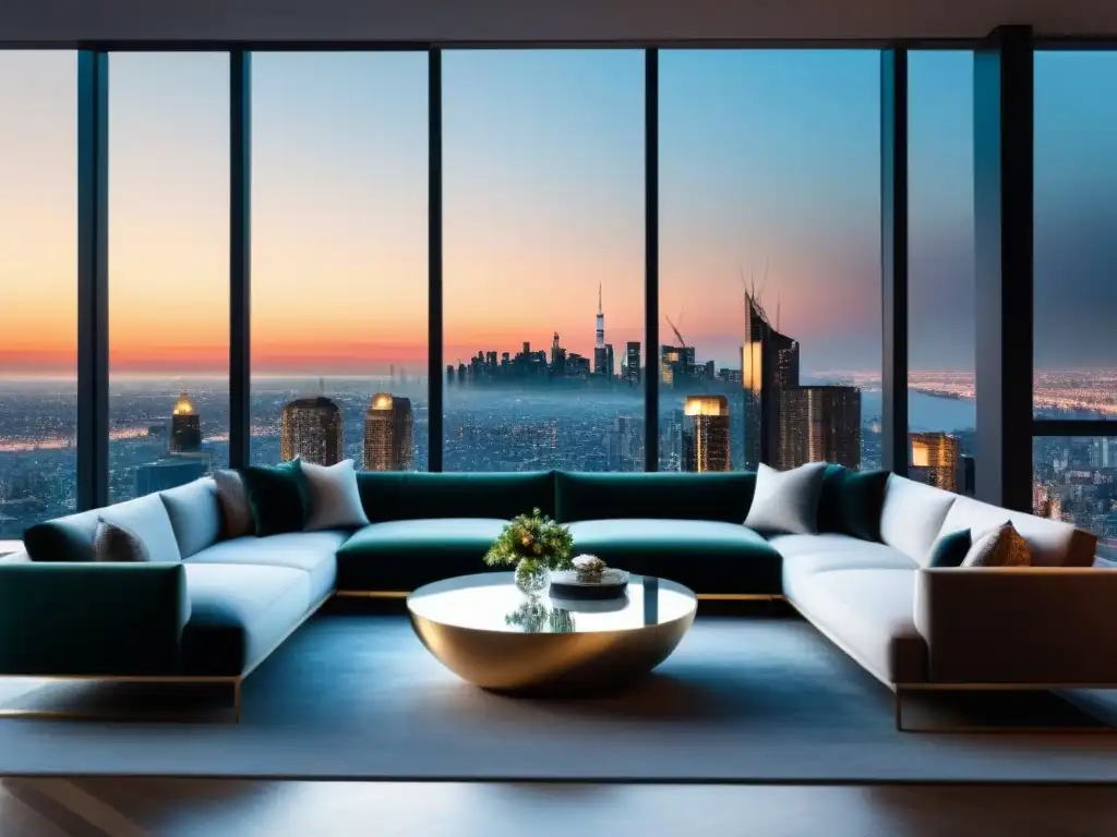 Penthouse de lujo con vistas panorámicas al atardecer Espléndido penthouse moderno con vista a la ciudad al atardecer