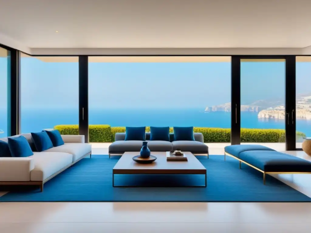 Salón de lujo en villa española con vista al mar Mediterráneo Espléndido salón en villa española con vista al mar, decorado en tonos neutros y toques de azul y oro