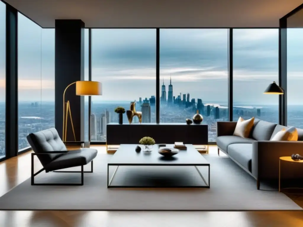 Sofisticada sala de estar urbana con vista panorámica en gris, blanco y oro Espléndido salón moderno en un apartamento urbano de lujo, con vista panorámica a la ciudad y mobiliario contemporáneo en gris, blanco y dorado, ideal para inversión inmobiliaria