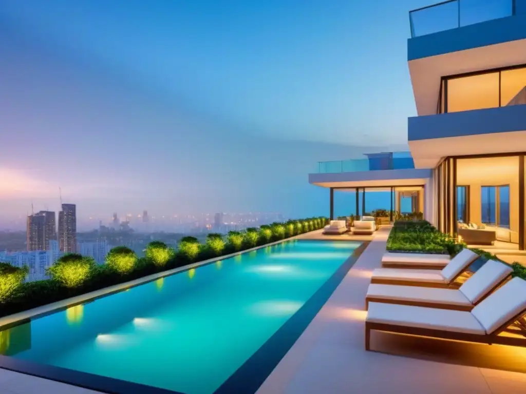 Edificio de lujo con arquitectura moderna y piscina en la azotea Esplendor urbano en un rascacielos con vista a la ciudad al atardecer, rodeado de vegetación y área de piscina en la azotea
