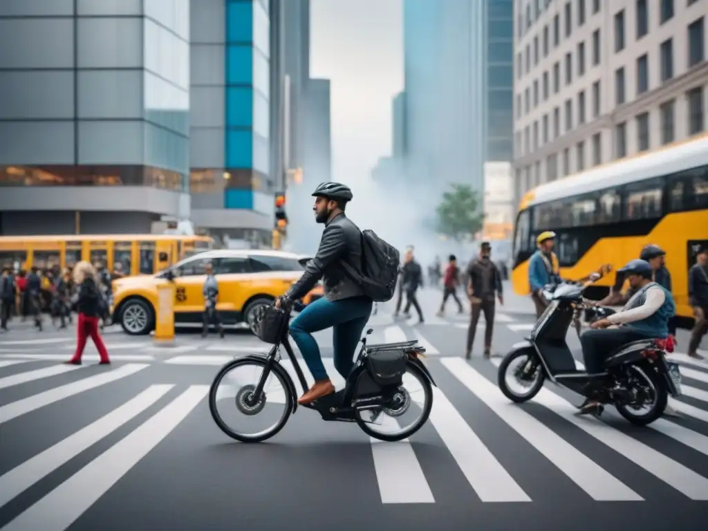 Esquina urbana dinámica: Movilidad eficiente y diversidad en ciudad moderna Una esquina de ciudad bulliciosa con comercios modernos y personas de diversas culturas, mostrando eficiente uso del espacio urbano