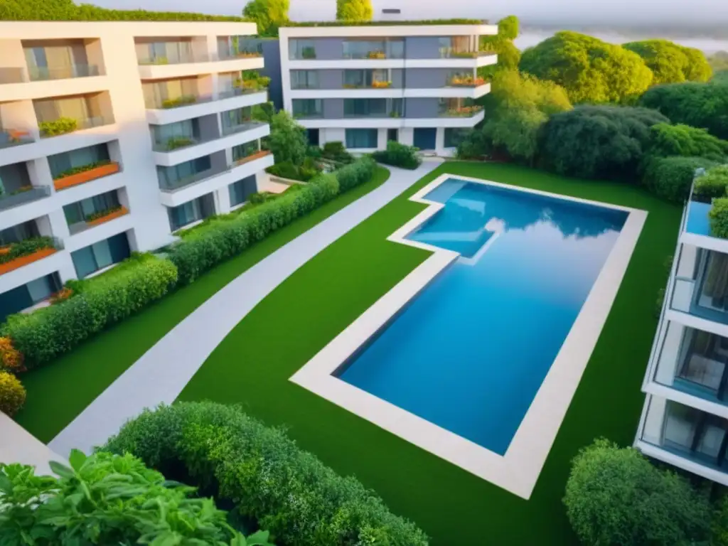 Complejo de apartamentos moderno con jardín comunitario y piscina Estrategia exitosa inversión propiedades multifamiliares: Complejo moderno con jardín comunitario y piscina, bañado por la cálida luz del atardecer