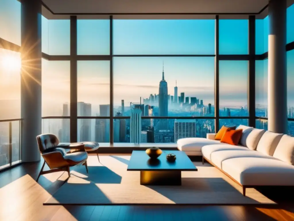 Salón moderno de lujo con vista panorámica a la ciudad Estrategias efectivas para vender propiedades: sala de estar moderna y lujosa con vista a la ciudad y mobiliario contemporáneo elegante