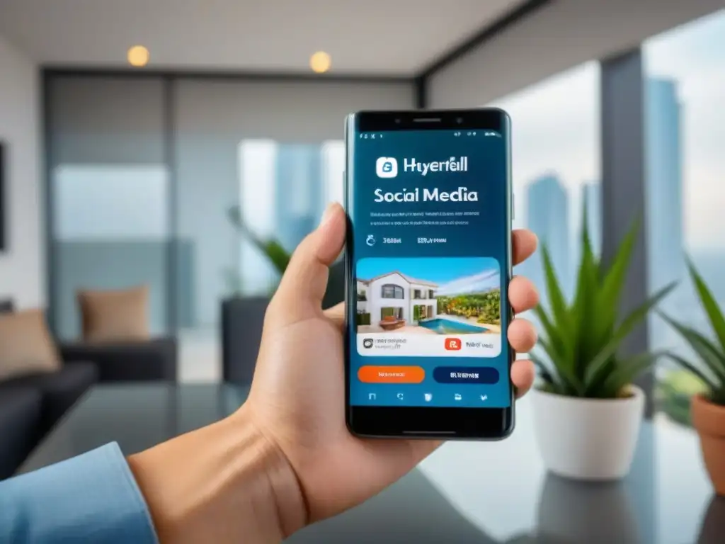 Smartphone profesional: publicidad inmobiliaria de lujo Estrategias en redes sociales para vender propiedad en México con imagen de smartphone moderno mostrando listado de propiedad atractivo y detallado
