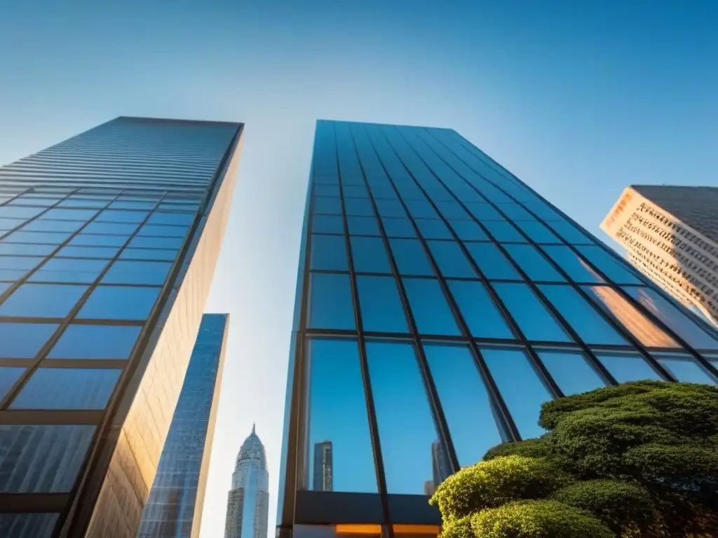 Rascacielos moderno y lujoso en la ciudad financiera Estrategias de mitigación de riesgos financieros inmobiliarios en un rascacielos moderno y lujoso, rodeado de bulliciosas calles de la ciudad