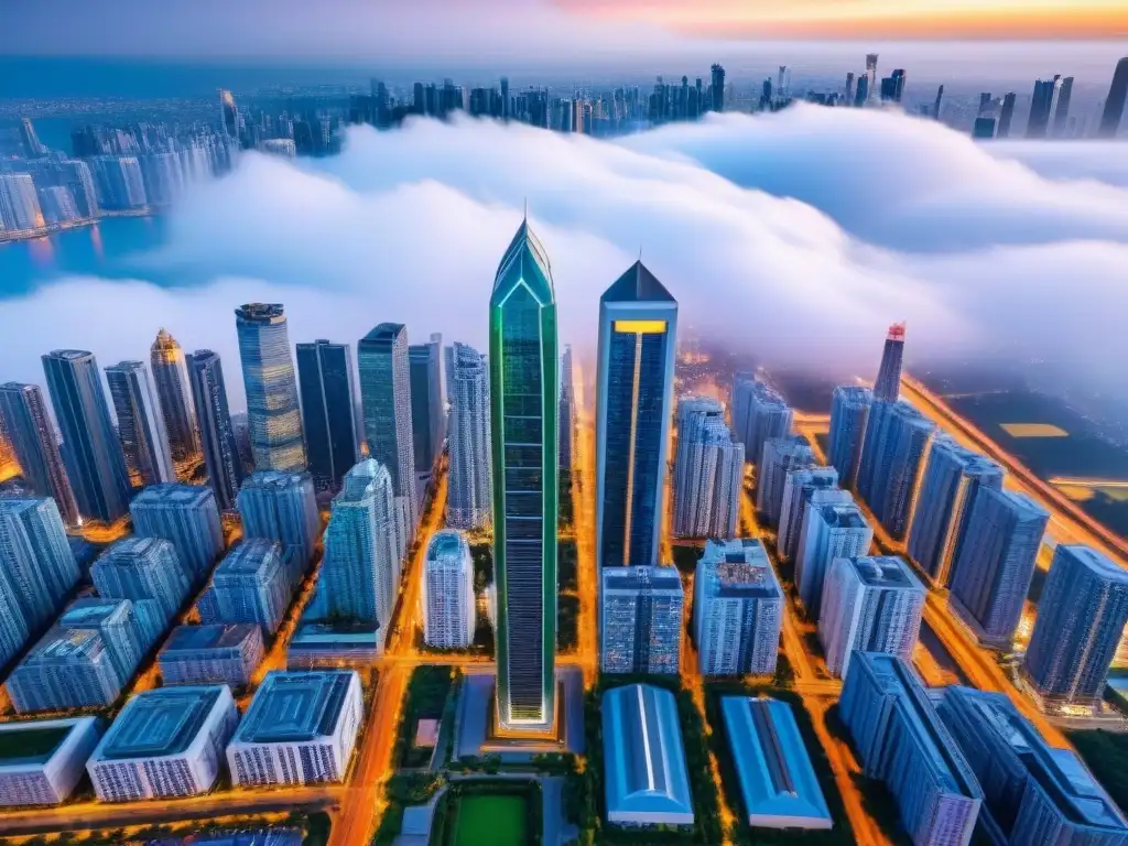 Metrópolis diversa: oportunidades inmobiliarias en la jungla urbana Diversificación estratégica en bienes raíces: ciudad vibrante con rascacielos modernos, espacios verdes y oportunidades de inversión