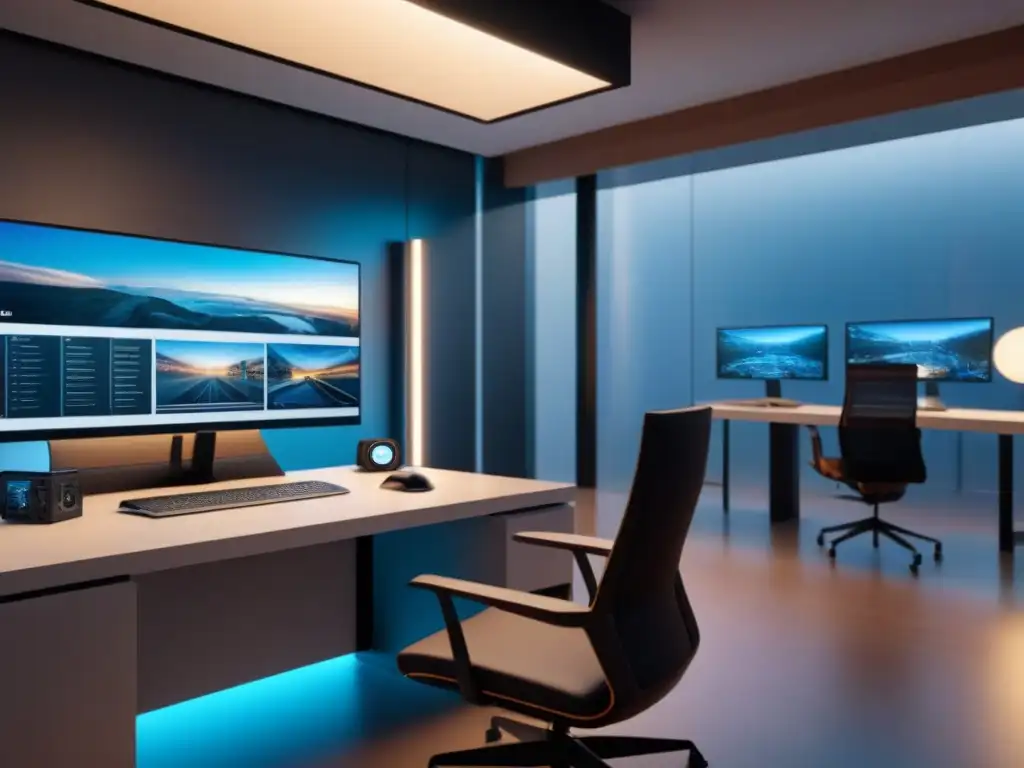 Estudio de diseño arquitectónico futurista con IA y robots Un estudio de arquitectura futurista con IA, robots y creatividad, fusionando tecnología y diseño