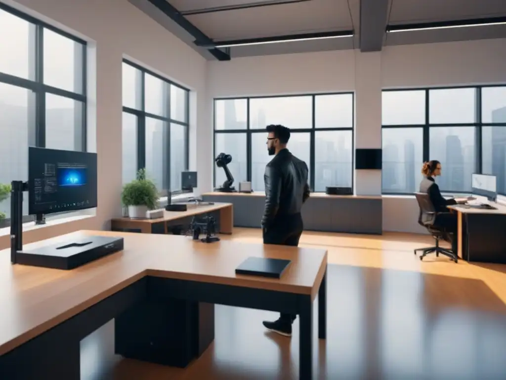 Estudio de diseño futurista: innovación y colaboración Un estudio de diseño futurista lleno de tecnología de vanguardia y profesionales colaborando en proyectos innovadores de restauración