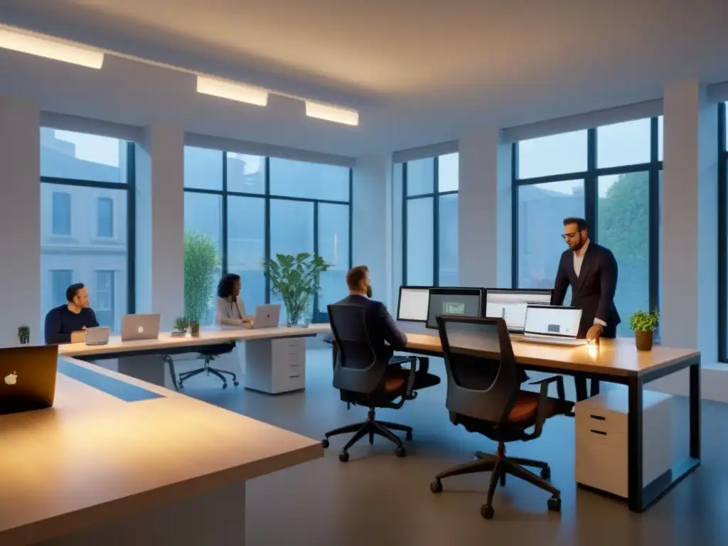 Estudio de diseño innovador: colaboración creativa en proyectos de restauración de vanguardia Un estudio de diseño innovador y moderno donde profesionales colaboran en proyectos de restauración