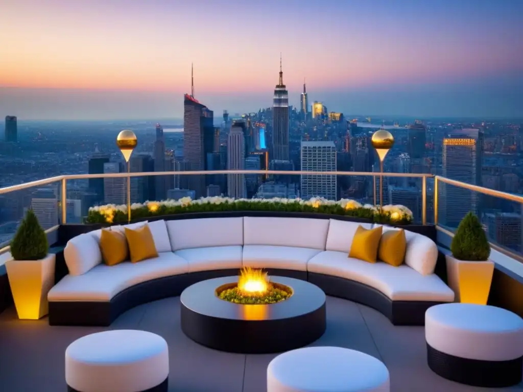Evento exclusivo en terraza con decoración elegante y vistas al atardecer Un evento exclusivo en la azotea con decoración blanca y dorada, ofreciendo vistas de la ciudad al atardecer