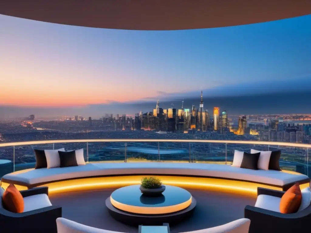 Espacio de eventos de lujo con vistas panorámicas y elegante decoración Evento exclusivo en terraza de lujo con vistas panorámicas, mobiliario moderno, iluminación ambiental y una multitud sofisticada
