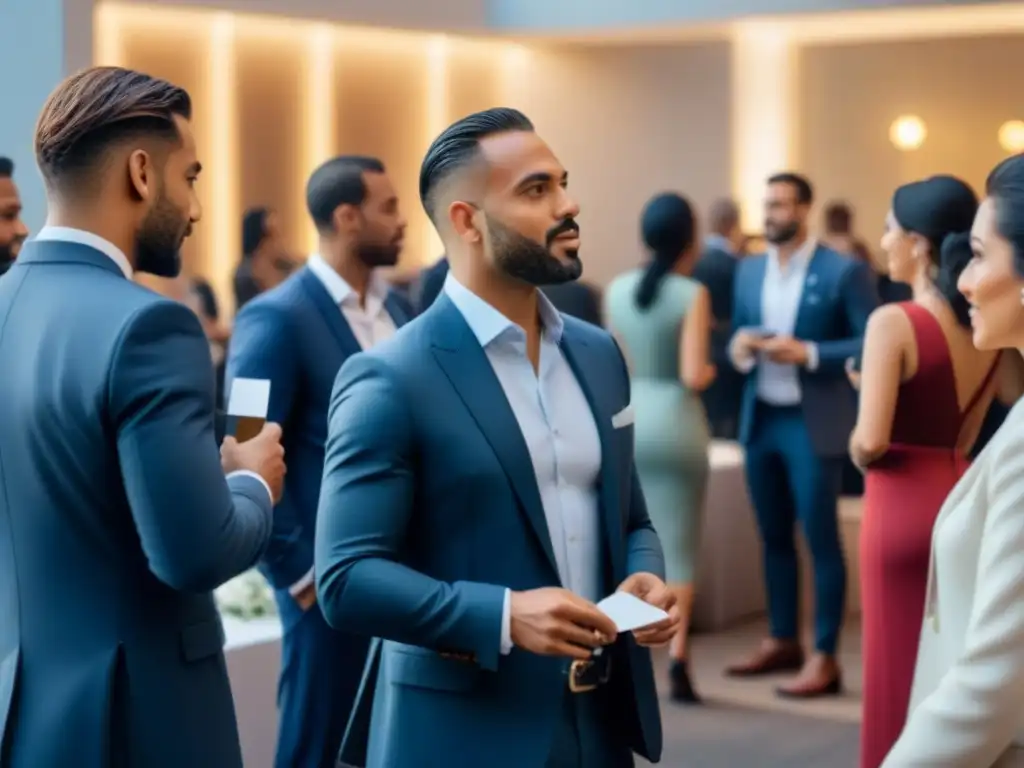 Evento de networking de lujo: alianzas estratégicas en el sector inmobiliario de alto nivel Un evento de networking de lujo para profesionales inmobiliarios en un ambiente sofisticado y moderno