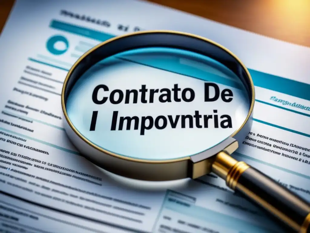 Examen meticuloso de Contrato de Compraventa Inmobiliaria Examen meticuloso de un 'Contrato de Compraventa Inmobiliaria', resaltando aspectos legales con una lupa en una oficina profesional