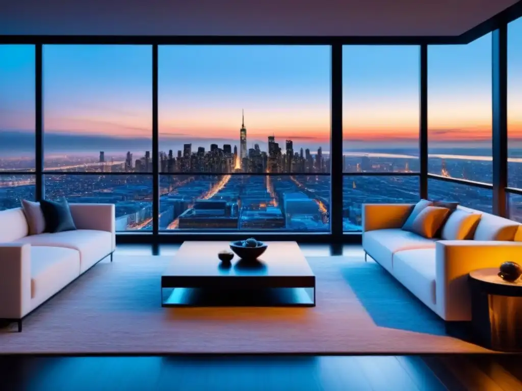 Penthouse de lujo con vista a la ciudad al anochecer Exclusivo ático moderno con vista a la ciudad al anochecer, diseño interior contemporáneo y ambiente sofisticado