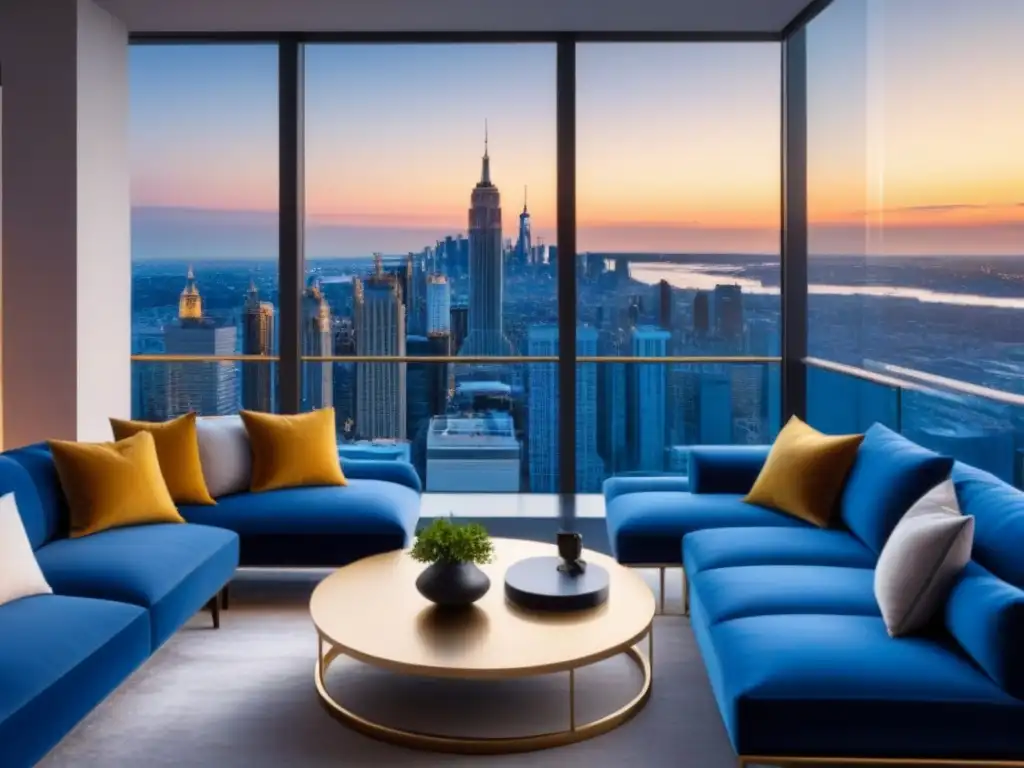 Penthouse de lujo con vistas a la ciudad al atardecer Exclusivo penthouse moderno con vista urbana al atardecer, diseño elegante y lujoso