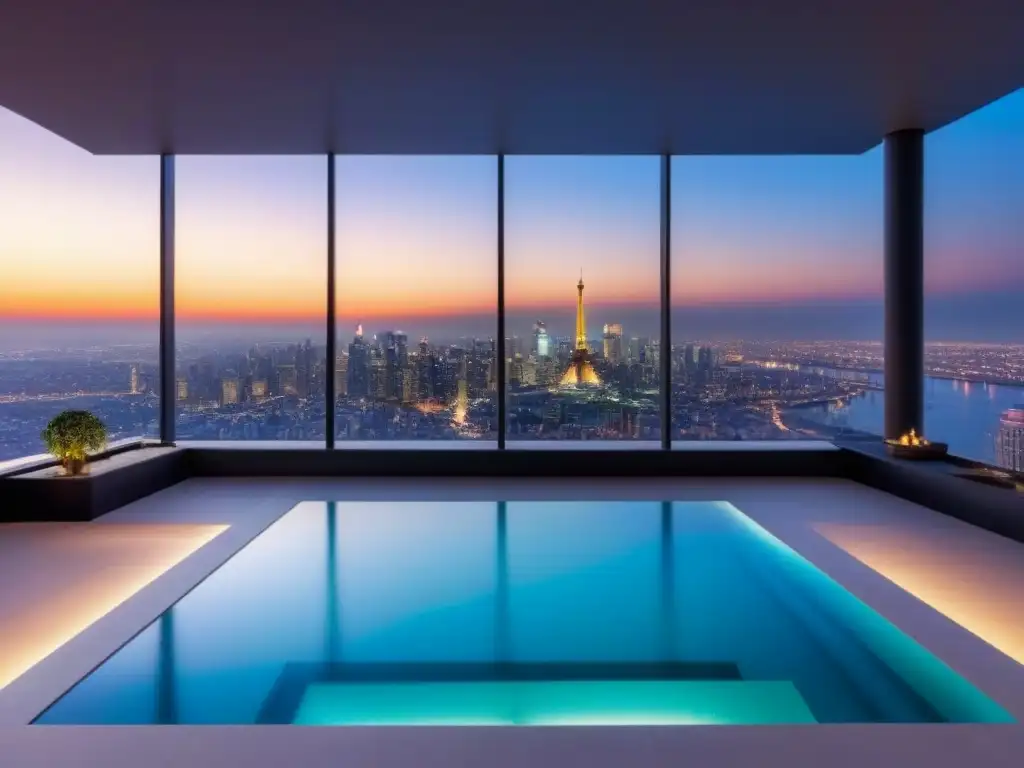 Penthouse de lujo con vistas a la ciudad al atardecer Exclusivo penthouse moderno con vista a la ciudad al atardecer, diseño elegante y lujoso