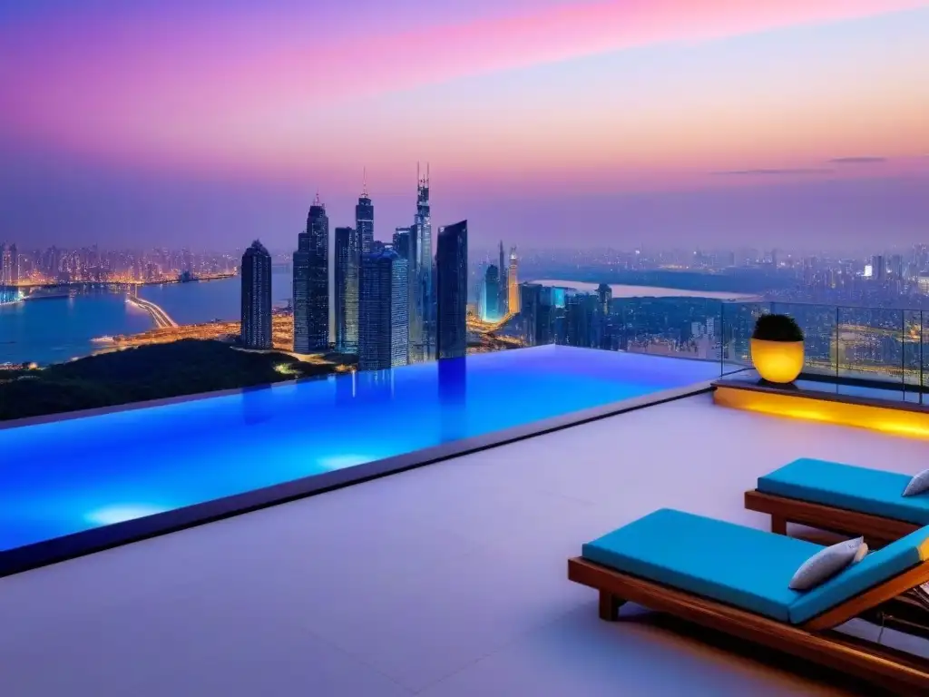 Penthouse de lujo con piscina infinita y vistas panorámicas al atardecer Exclusivo penthouse moderno con vista a la ciudad al atardecer, ideal para adquirir propiedades de lujo