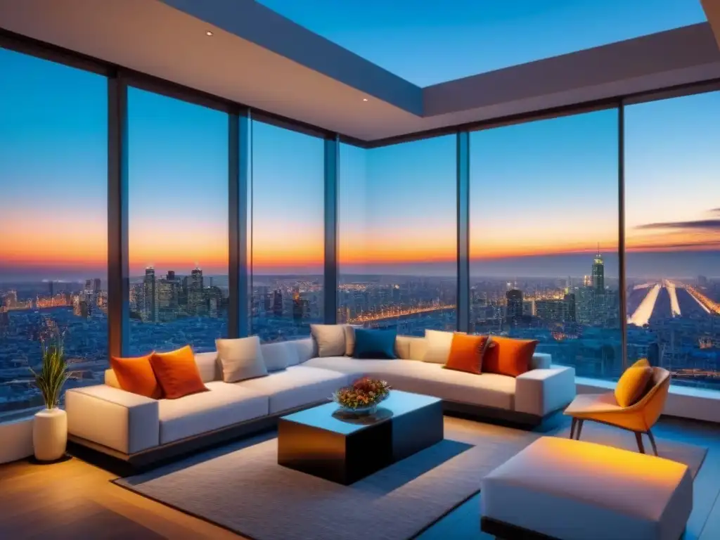 Penthouse de lujo con vista panorámica de la ciudad al atardecer Exclusivo penthouse moderno con vista urbana al atardecer, mobiliario contemporáneo y terraza panorámica